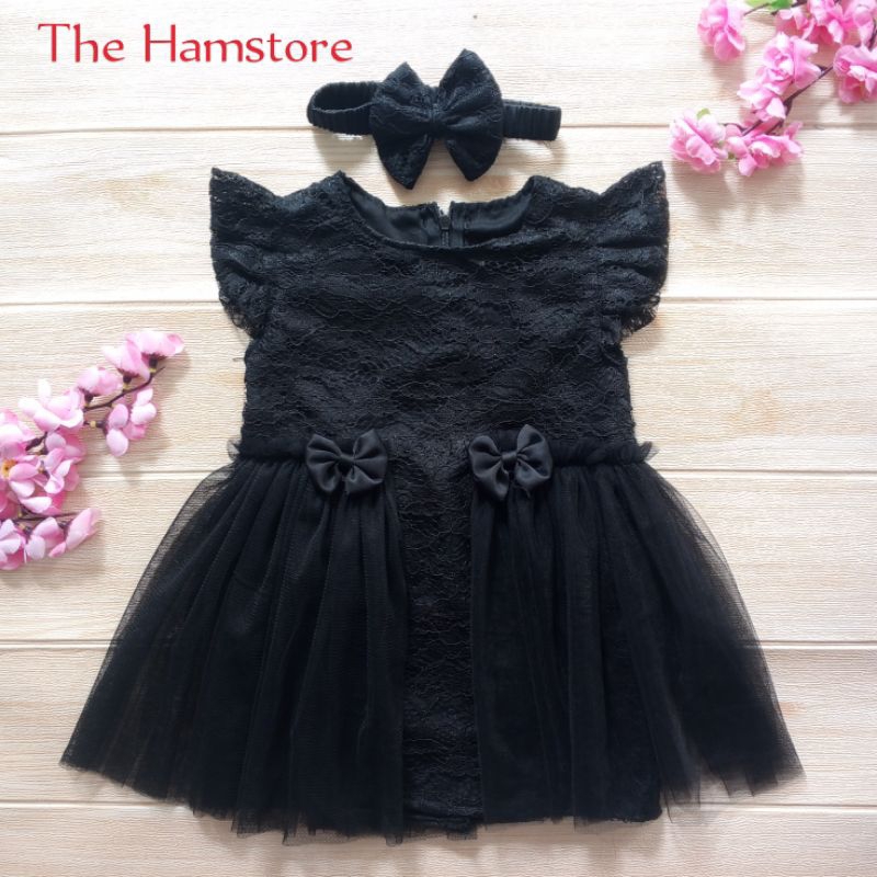 Dress Gaun Pesta Kondangan Bayi Brukat Tile Free Bando Pita Hitam Anak 6-12 Bulan Jahitan Tailor