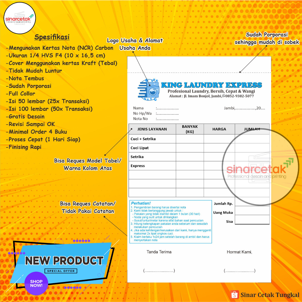 

COD CETAK NOTA CUSTOM/ NOTA LAUNDRY 1/4 10X16,5 1 PLY 2 PLY BEBAS REQUES LANDSCAPE/POTRAIT MURAH