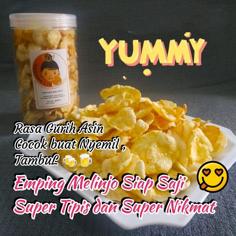 

Emping Melinjo Belinjo Blinjo Siap Saji Madame Lin super Tipis dan Super Renyah cocok untuk cemilan maupun Tambahan menu makanan.