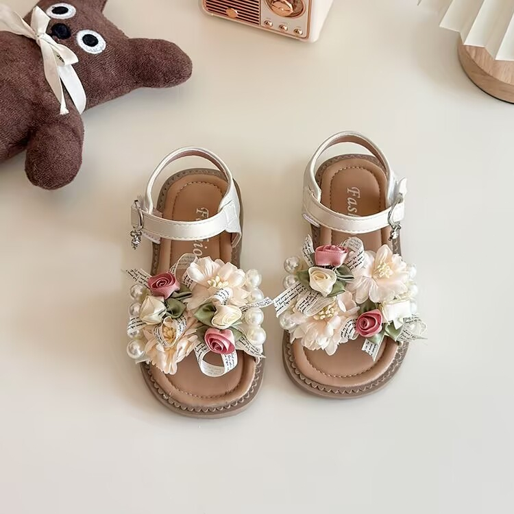 Girls' flower toed princess shoes anti slip fashionable sandals 2025 new little girls' pearl beach s