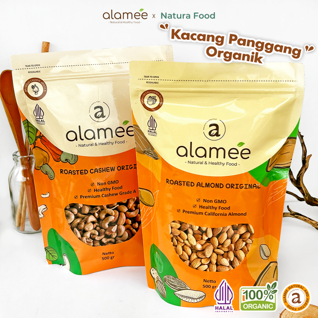 

alamee pouch besar Premium Roasted Grade A California almond mede walnut kacang panggang