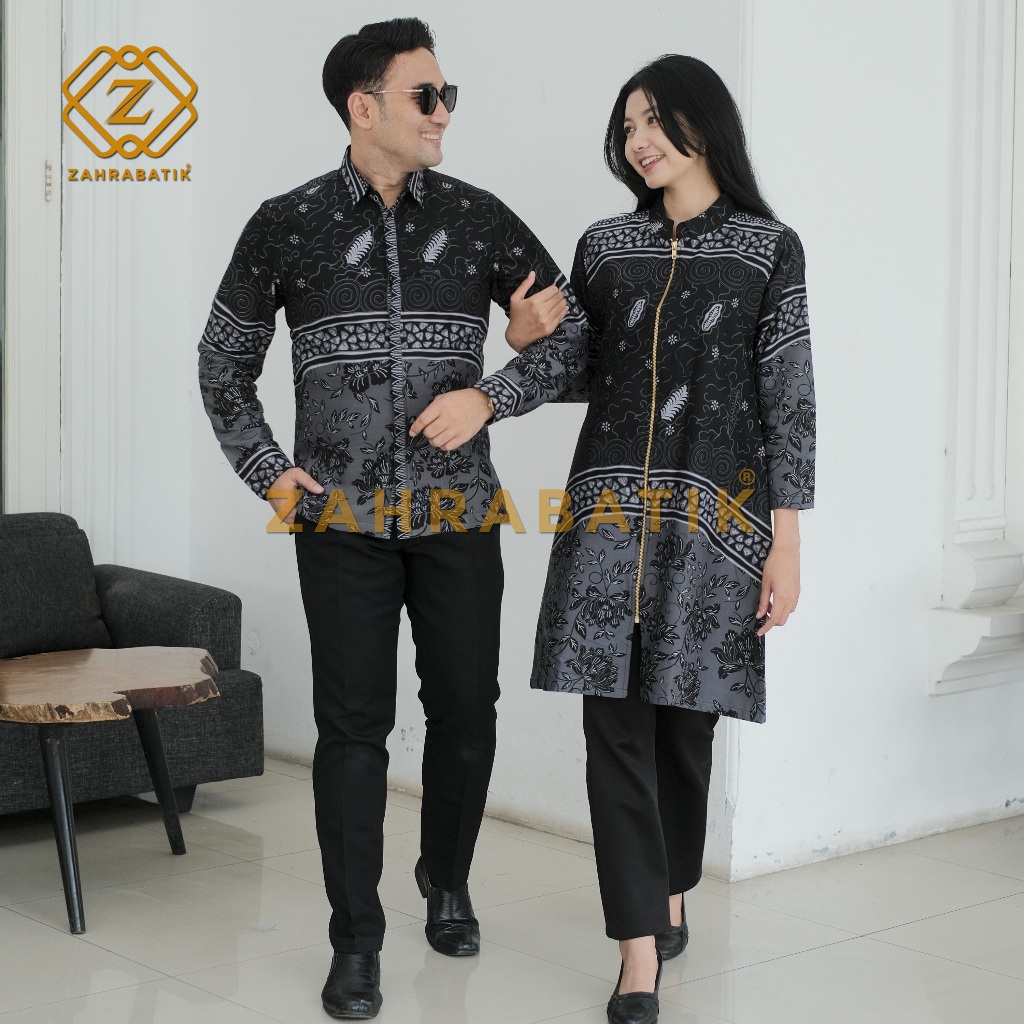 Batik Couple - Batik Tunik Wanita - Batik Pria Lengan Panjang - Motif Lesmana Warna Hitam