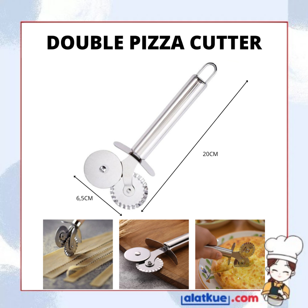 

Double Pizza Cutter Pisau Pizza Roda Ganda Pemotong Adonan Stainless