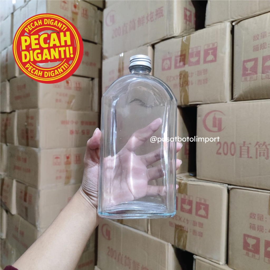 ‼️ PECAH DIGANTI ‼️ Botol Kaca Gepeng 500ml Tutup Aluminium - GP02