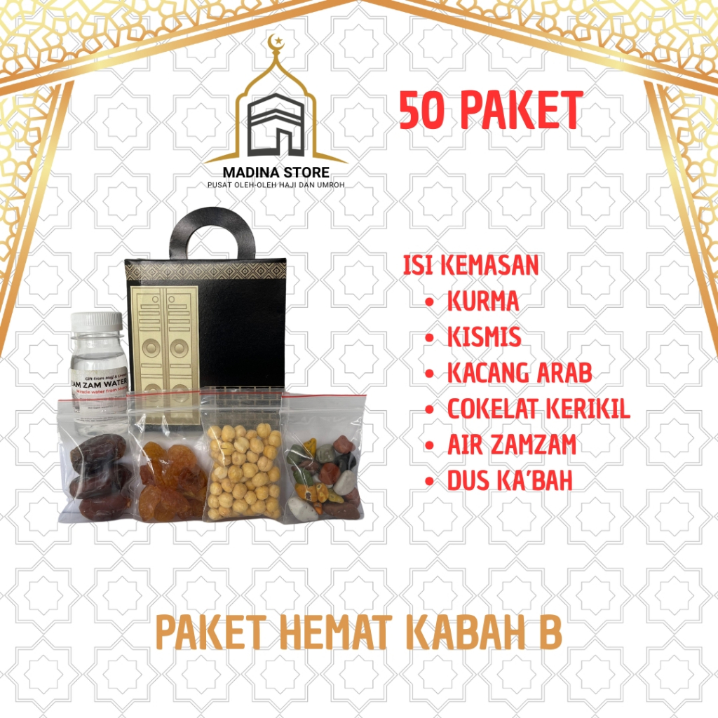 

Paket Hemat Oleh-oleh Haji dan Umroh Paket B 50 PCS isi Air Zamzam Dus Ka'bah