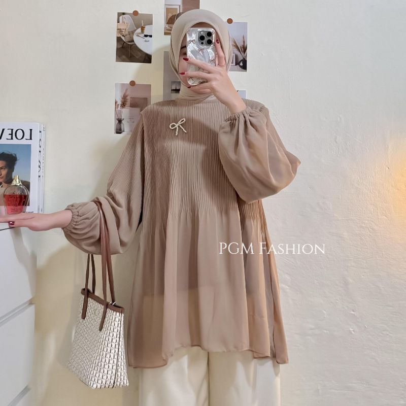 Kayra Blouse Plisket Atasan Wanita Polos Kerah Bulat Lengan Balon Full Furing Ceruty Babydoll