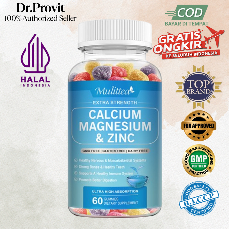 Mulittea Kalsium Magnesium dan Zinc Gummies dengan Vitamin D3