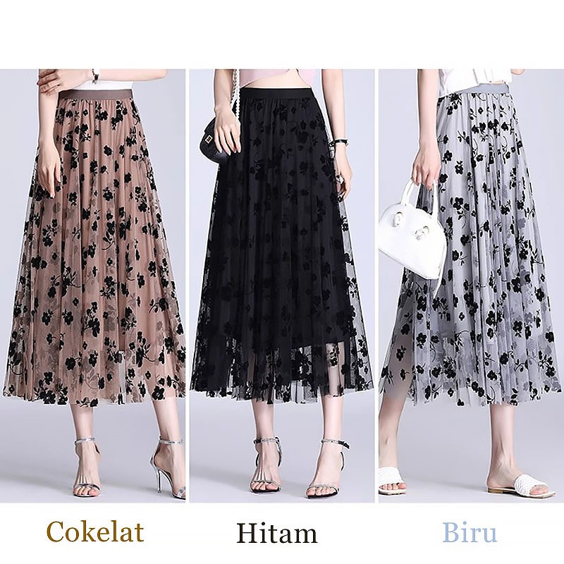 keygirl Rok Tutu Motif Bunga wanita korea/Maxi Skirt Motif Bunga Timbul kekinian 2025