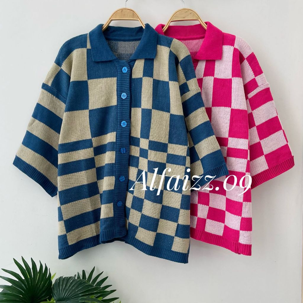 Knitwear Outfit Fuji Cardigan Rajut Motif Kotak Oversize