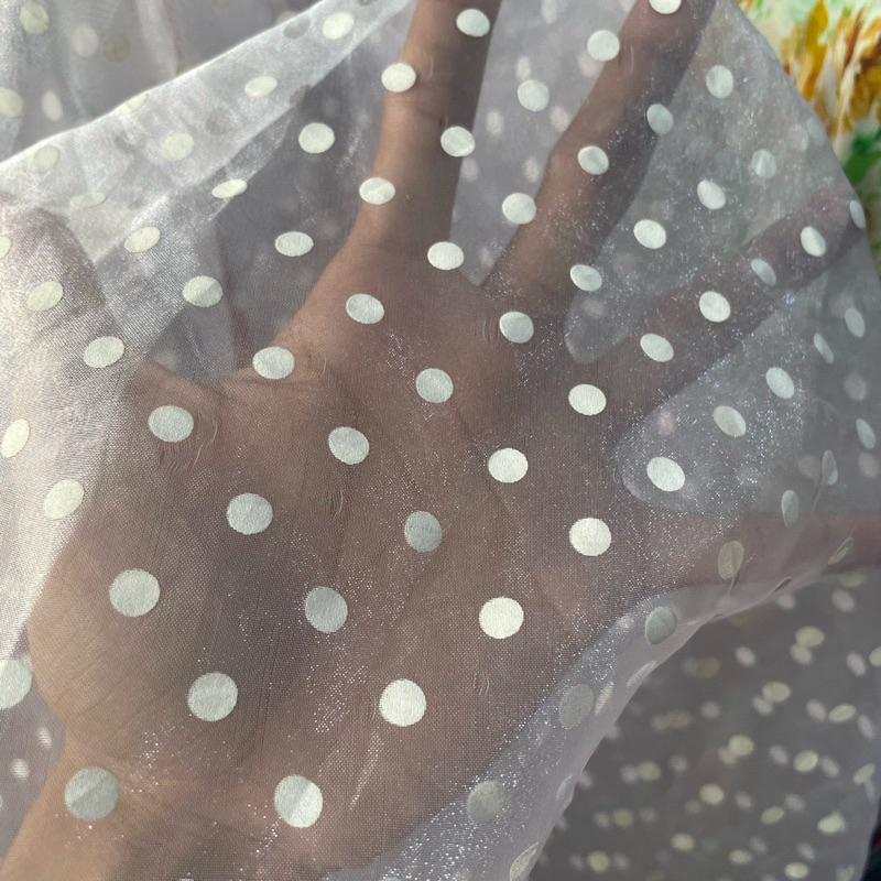 kain organza motif polkadot premium - kain organza kaca print - kain organza warna baby lilac pj