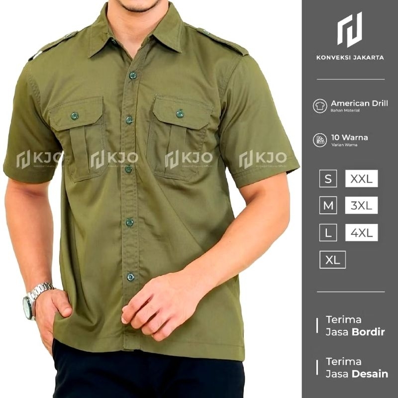 Kemeja Tactical PDL Lengan Pendek Pria Hijau Army Seragam Lapangan Kerja