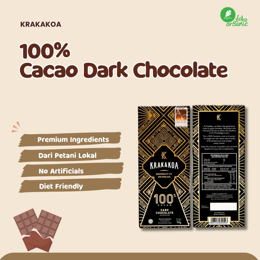 

Krakakoa Arenga 100% Dark Chocolate Bar (50gr) | Cocoa Bar Pure Dark Chocolate, Kakao Coklat Asli, Coklat Pahit | Chocolate Vegan Friendly