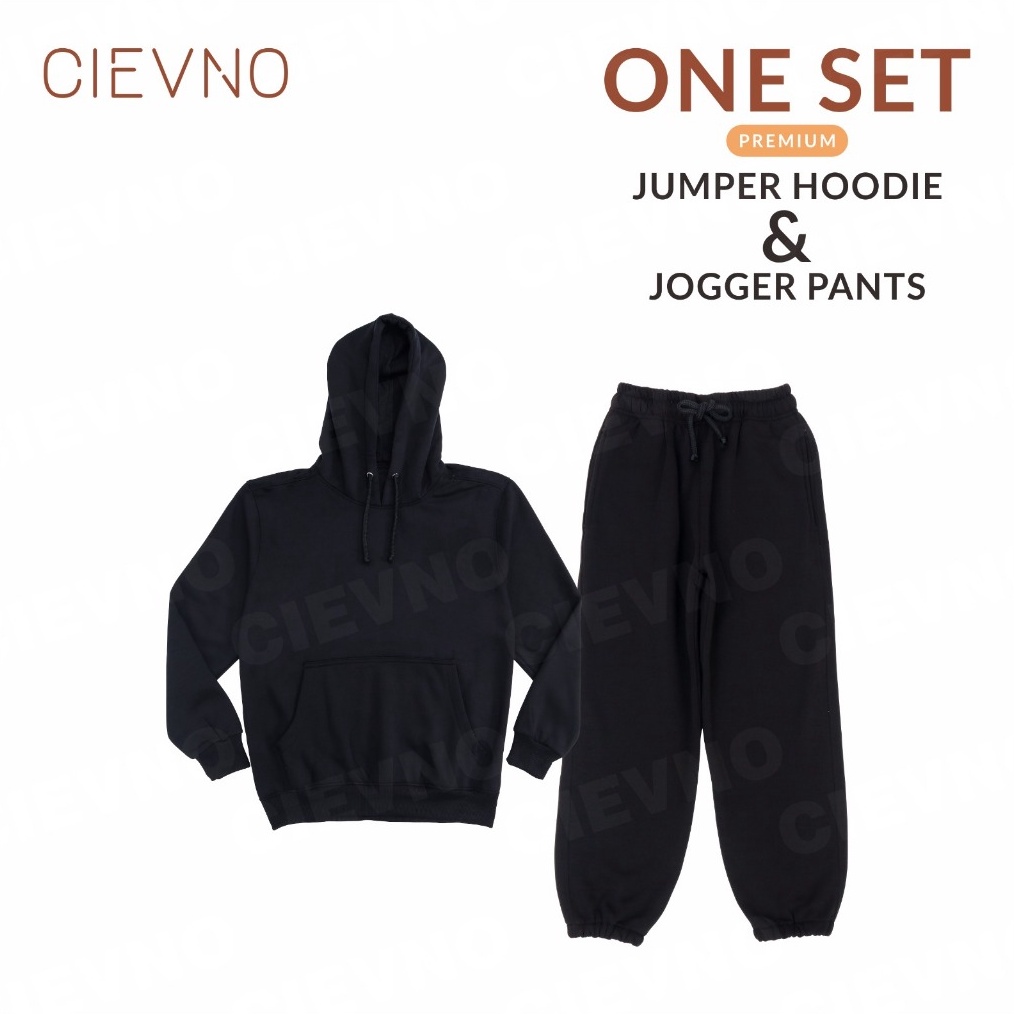 KODE M65I One Set Hoodie Jumper  Celana Jogger Premium Hitam PriaWanita
