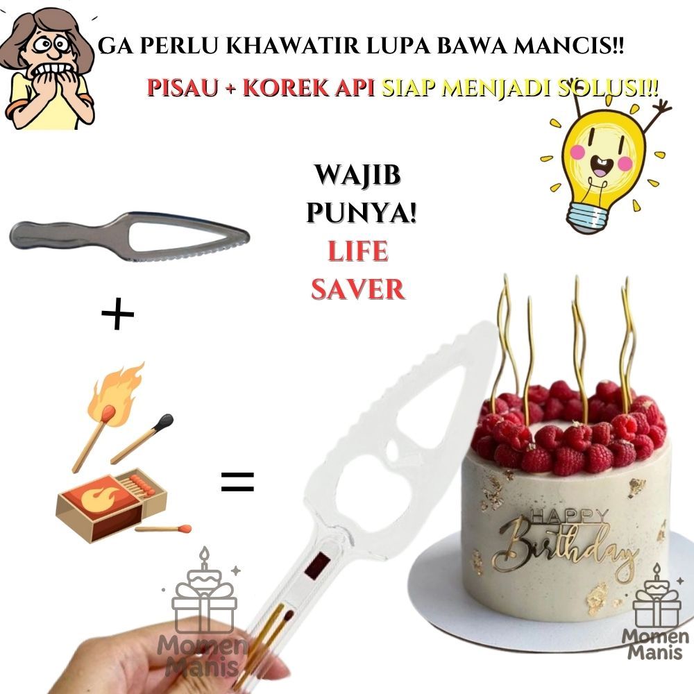 Pisau Plastik Potong Kue + Korek Api / Pisau Kue Tart + Korek Api Kue Ulang Tahun Pesta