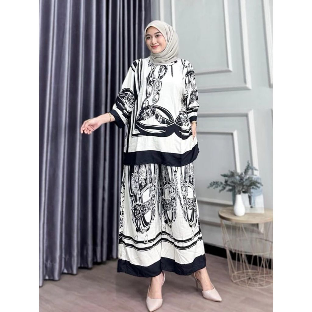 Setelan Wanita Rayon Motif moderen 2025/Oneset Wanita Motif Terbaru/Stecel Baju dan Celana kulot Ray