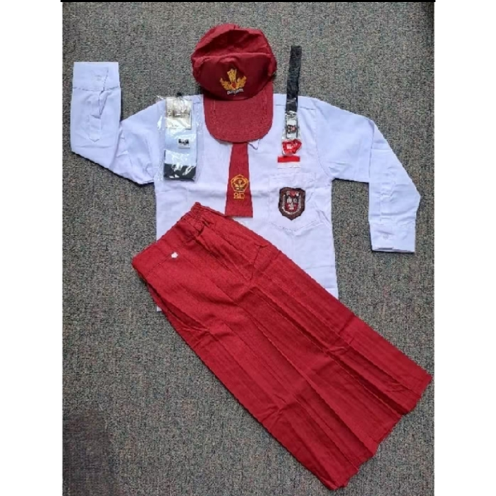 Seragam Sekolah SD Anak Perempuan Panjang Kelas 1 - 6 Bonus Kerudung Topi Dasi Kaos Kaki Sabuk