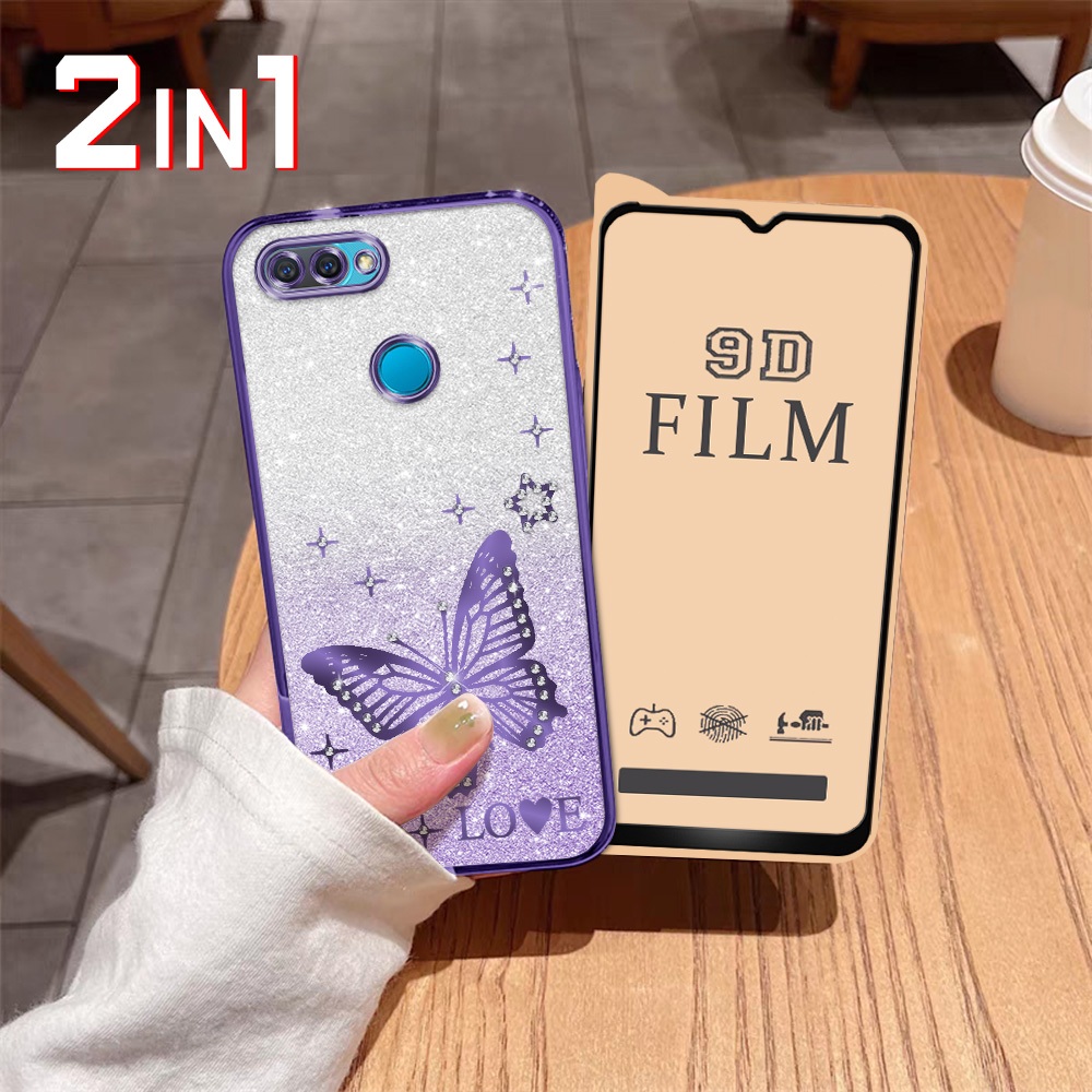 Casing 2 dalam 1 untuk OPPO A12 A12s A5s A7 Case dengan Pelindung Layar Anti Gores Phone Cover Kupu 