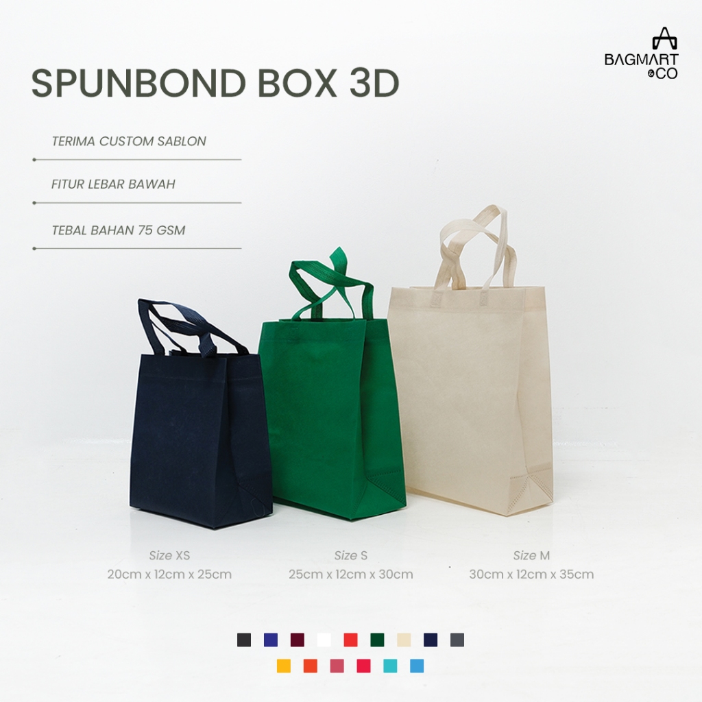 

Tas Spunbond Handle Box Lebar Bawah Ukuran 20x25 25x30 30x35 Goodie Bag HBPA Tote Bag Warna Suvenir