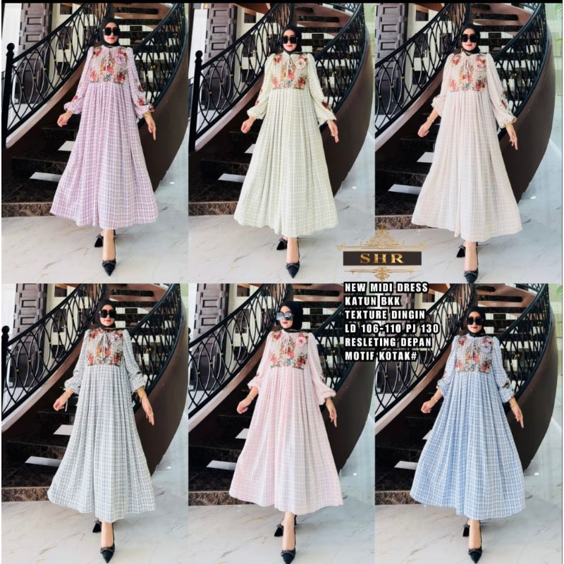 READY SIAP KIRIM NEW SHR MIDI DRESS KOTAK DADA BUNGA ORI SHR