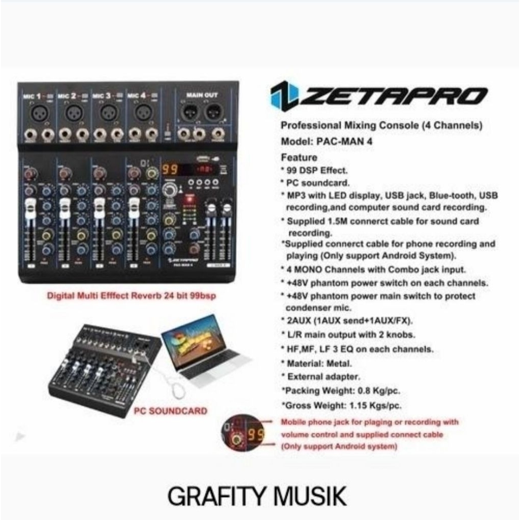 Mixer Audio Zetapro Pacman 4 Original Reverb 99 Dsp