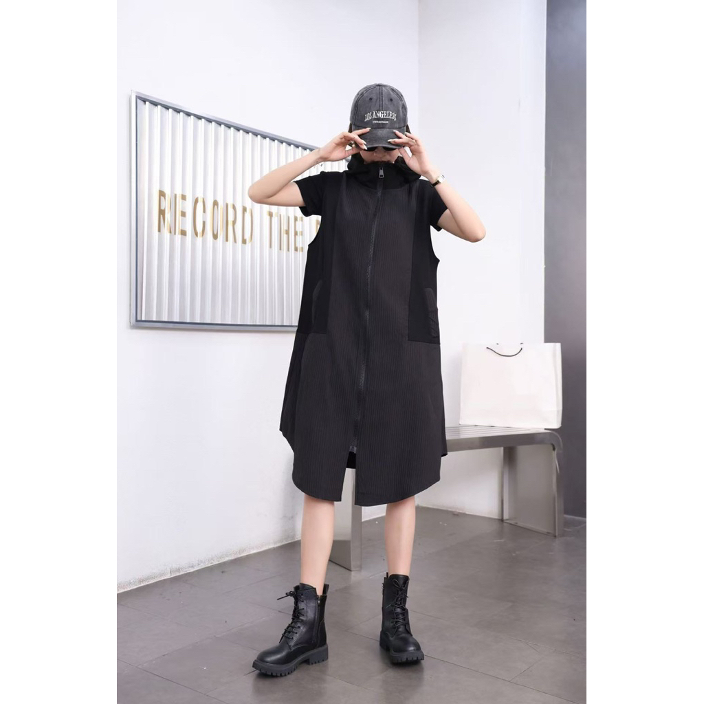 Nineties Studio - Long vest combination with hoodie / vest panjang / vest hitam / rompi wanita / rom