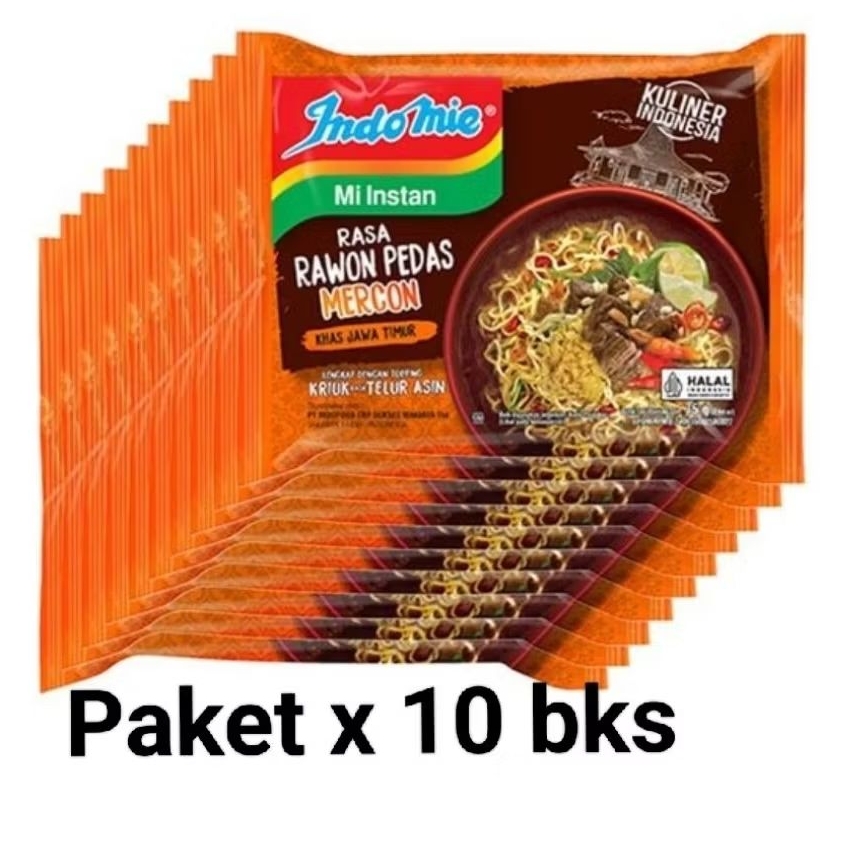 

Paket 10 Pcs - Indomie Mie Instan Kuah Rasa Rawon Pedas Mercon isi 75 gram Khas Jawa Timur