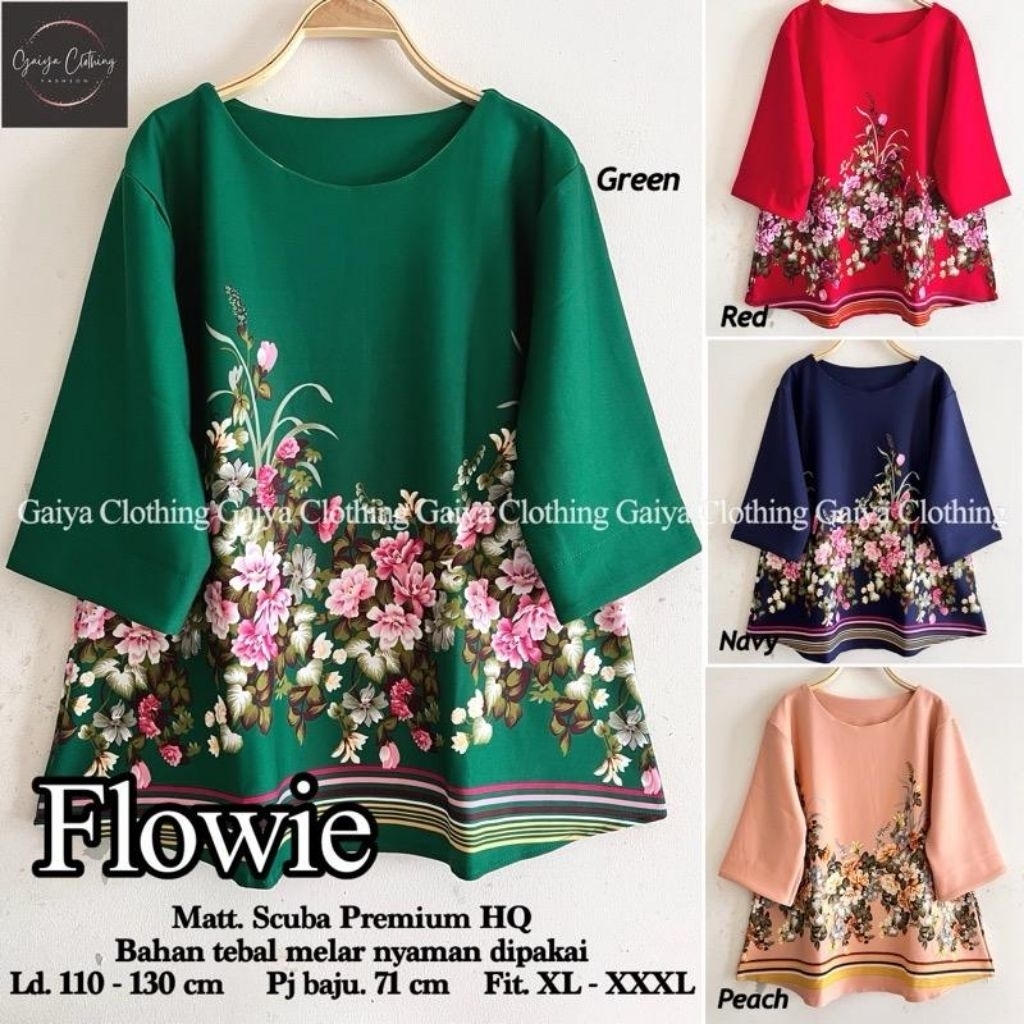 BLOUSE ATASAN JUMBO SCUBA WANITA MOTIF BUNGA -  FLOWIE BLOUSE