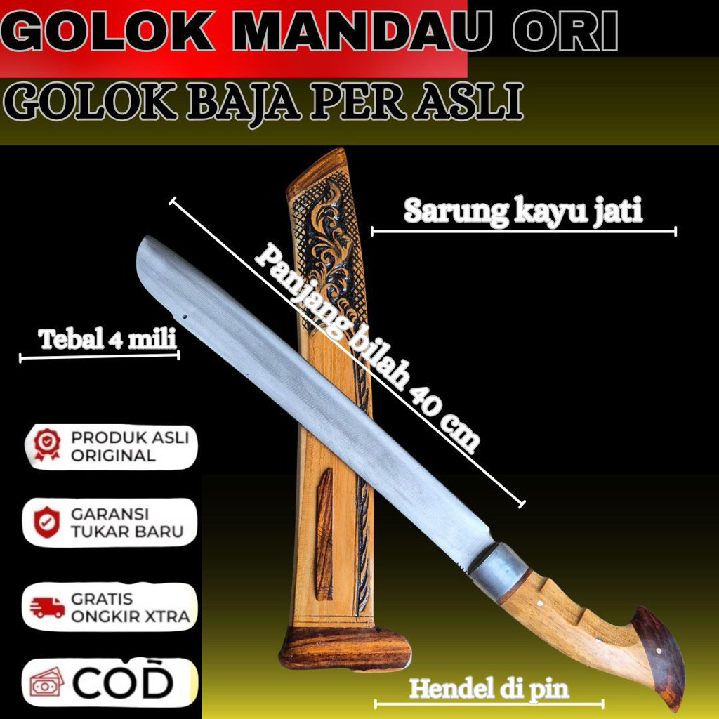 Golok Mandau Jati Ukir | Full Bahan Baja Asli Original Multifungsi