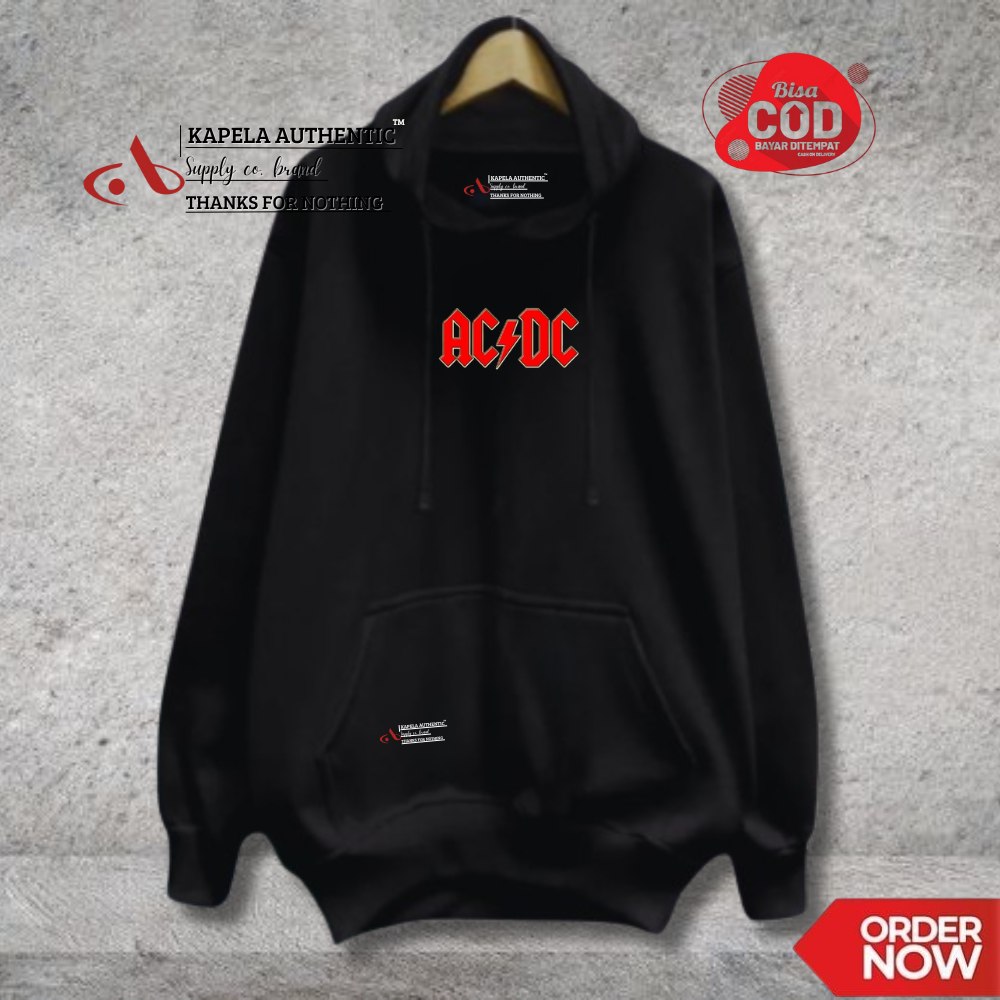 Hodie pria distro warna Hitam sablon ACDC Sweater pria distro keren Akapela Hoodie pria distro aesth