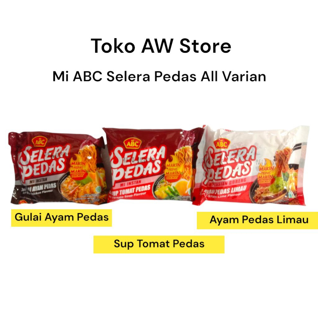 

Mie ABC Selera Pedas All Varian 70 gram l Rasa Ayam pedas Limau l Sup Tomat Pedas l Gulai Ayam Pedas l Makanan