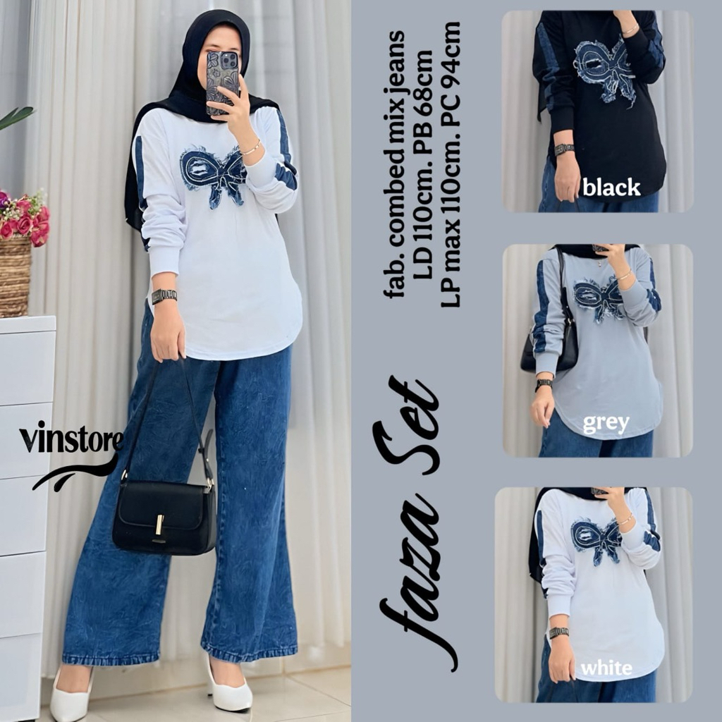 Faza Set: Setelan Muslimah Celana Kulot Jeans Long Tunik Kaos Combed Mix Jeans Bordir Modern
