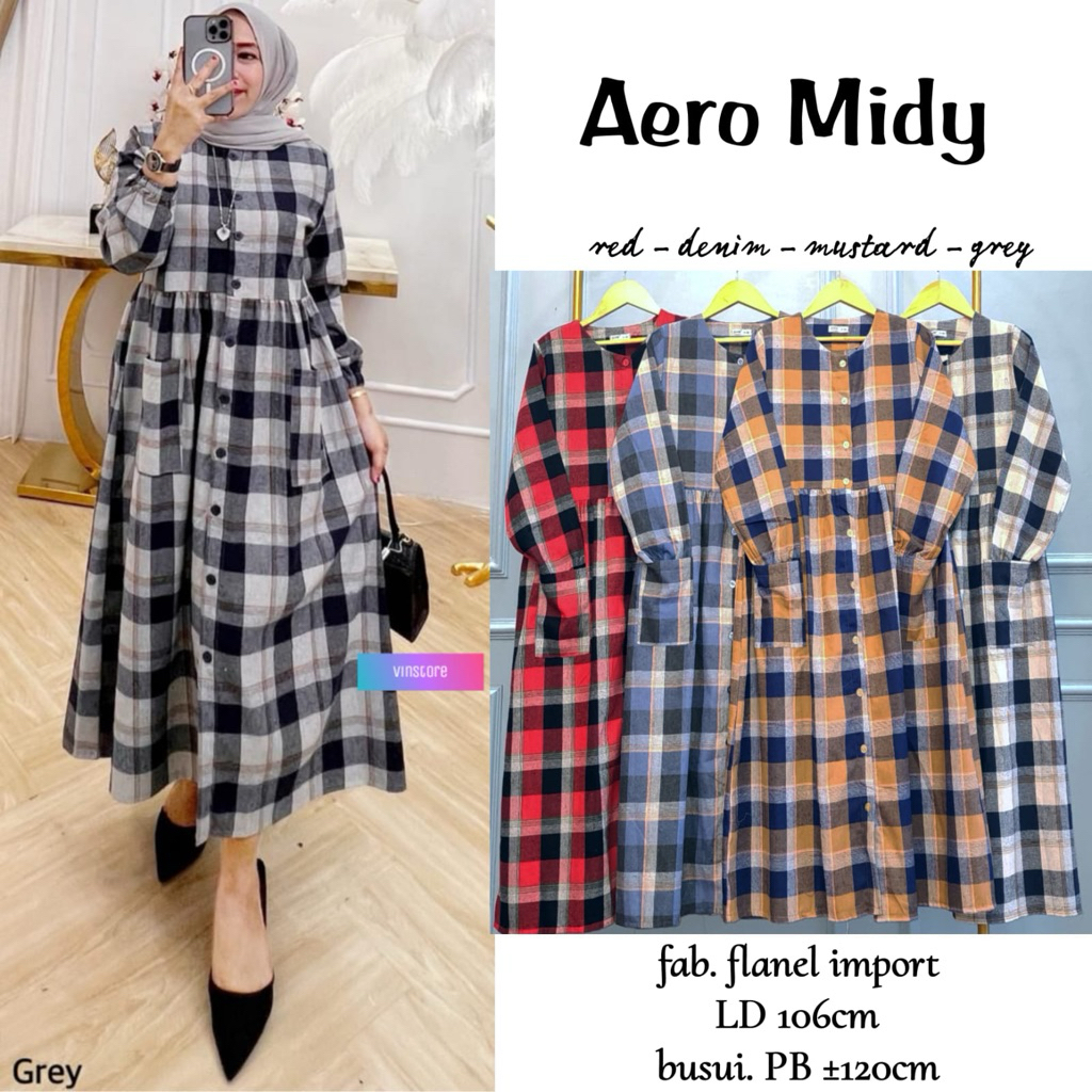Aero Midy: Dress Midi Wanita Motif Kotak Flanel Import Busui Friendly Kemeja Tunik Panjang