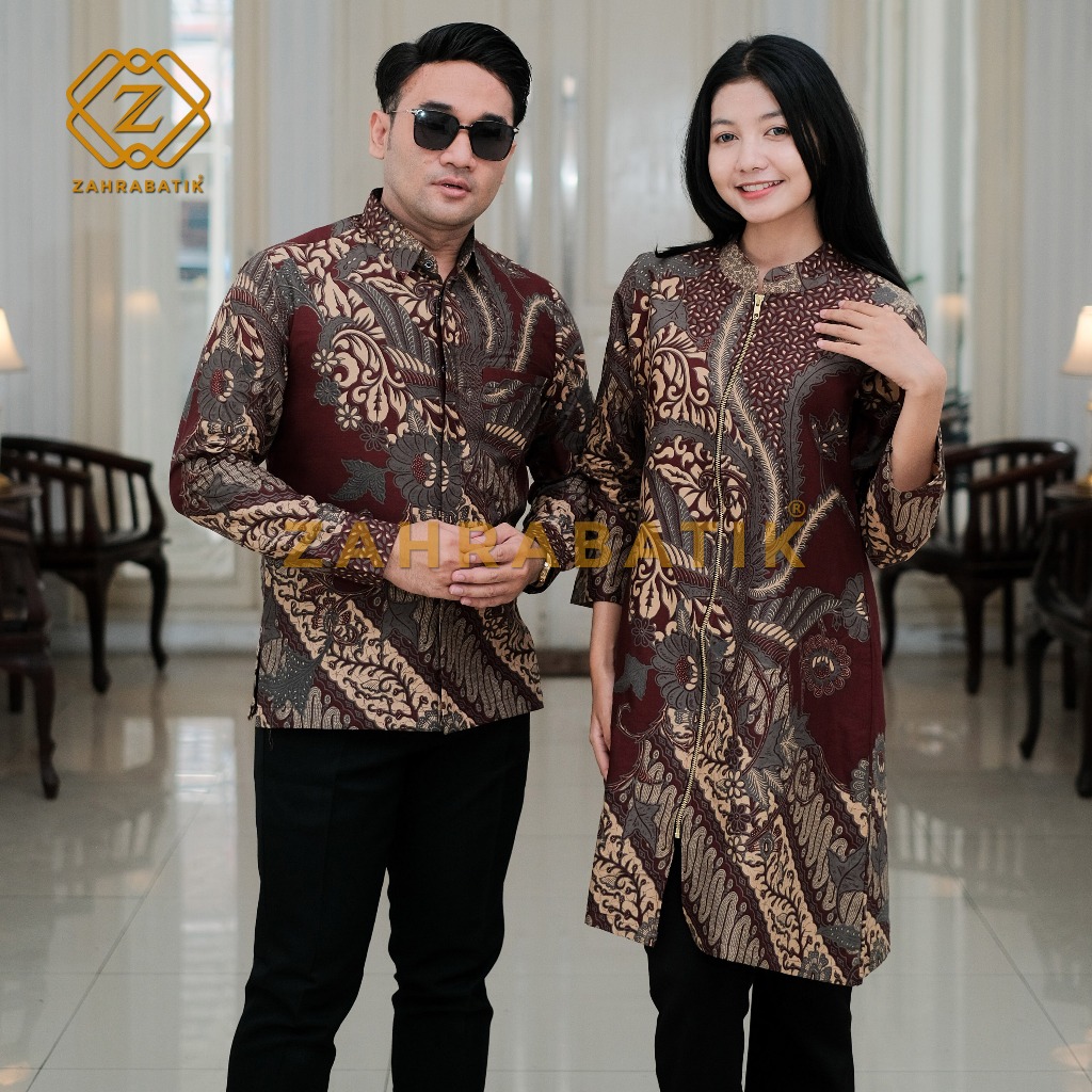 Batik Couple - Batik Tunik Wanita - Batik Pria Lengan Panjang - Motif Brawijaya Warna Maroon