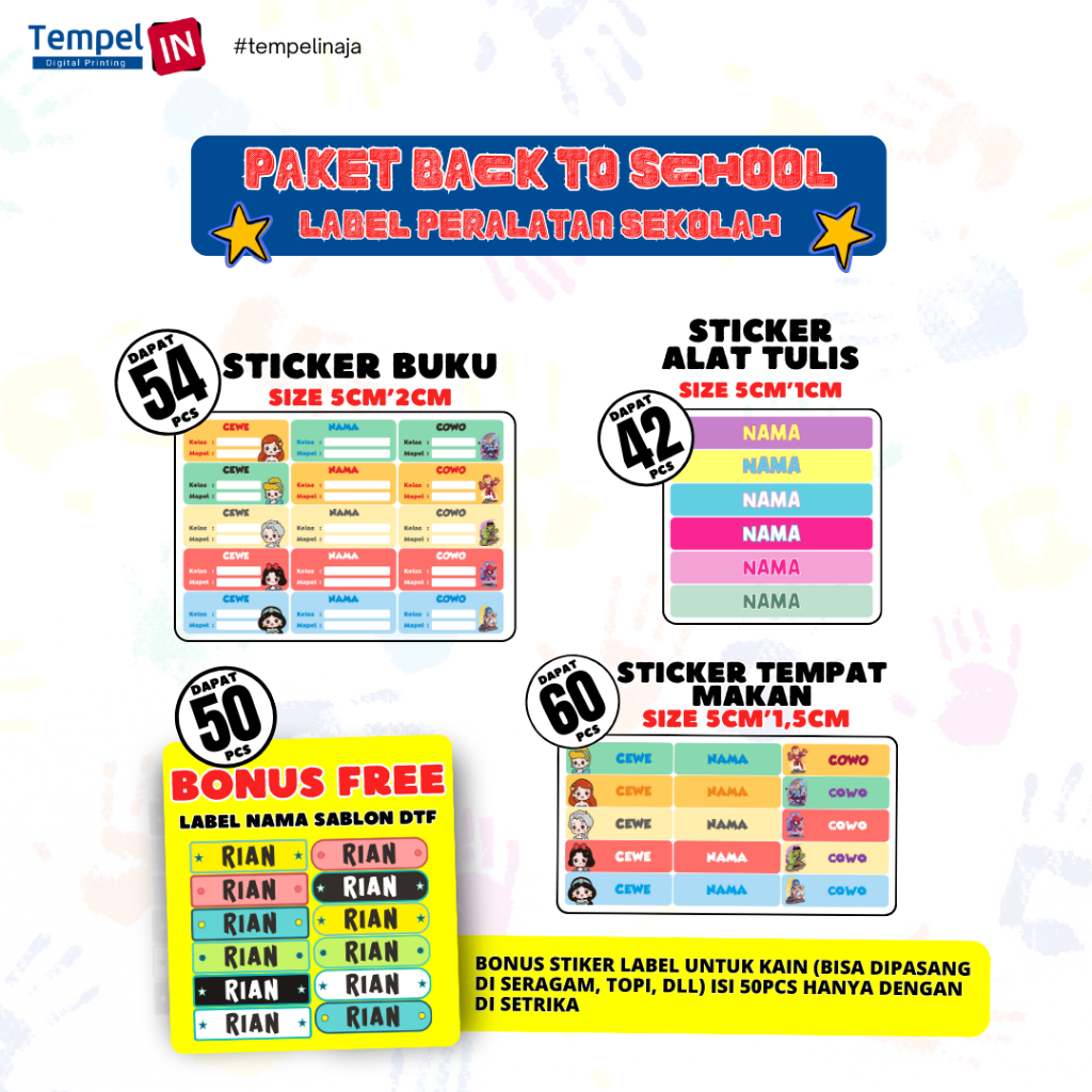 

Stiker Label Nama Anak PAKET LENGKAP BACK TO SCHOOL Label Nama DTF + Stiker Alat Sekolah - Custom Nama Anak, Karakter Lucu Tahan Air Paket stiker peralatan sekolah anak murah