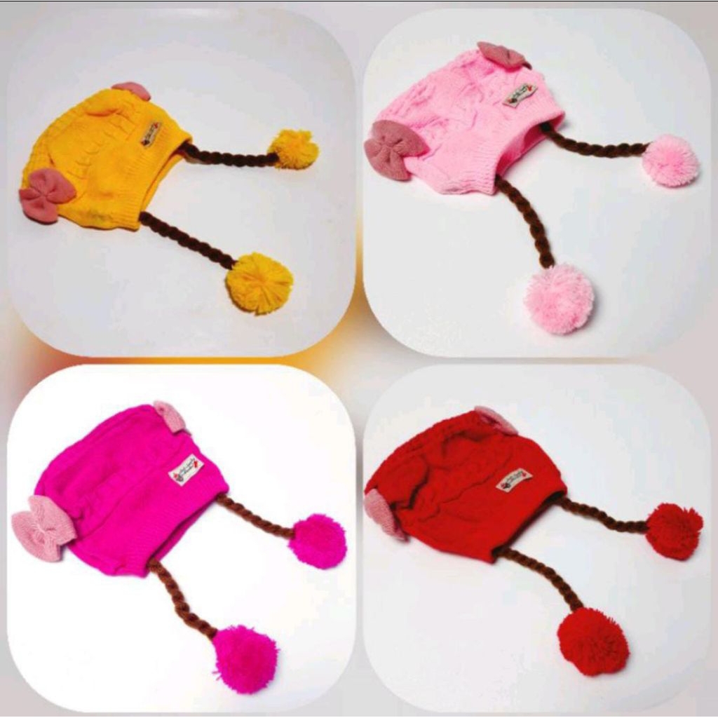 (P20) topi rajut kepang bayi perempuan / kupluk rajut kepang pita bayi