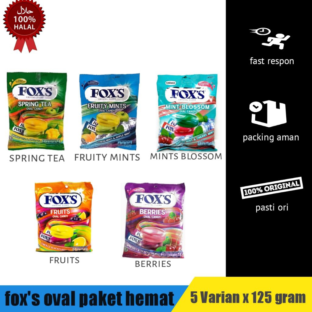 

PAKET HEMAT Permen fox's 5 varian 125gr crystal clear oval candy