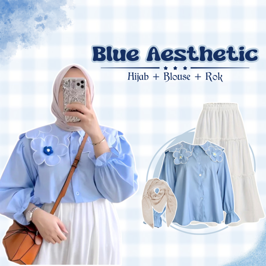 One Set Outfit Wanita Hijab Kekinian | Blouse Bunga, Rok Susun, Jilbab | OOTD Feminine - SN025 N
