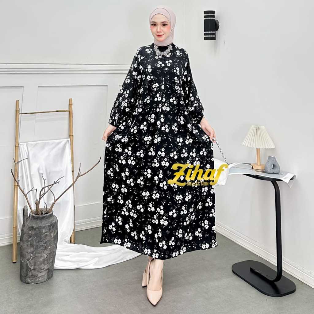gamis motif bunga hitam putih kekinian terbaru bahan rayon