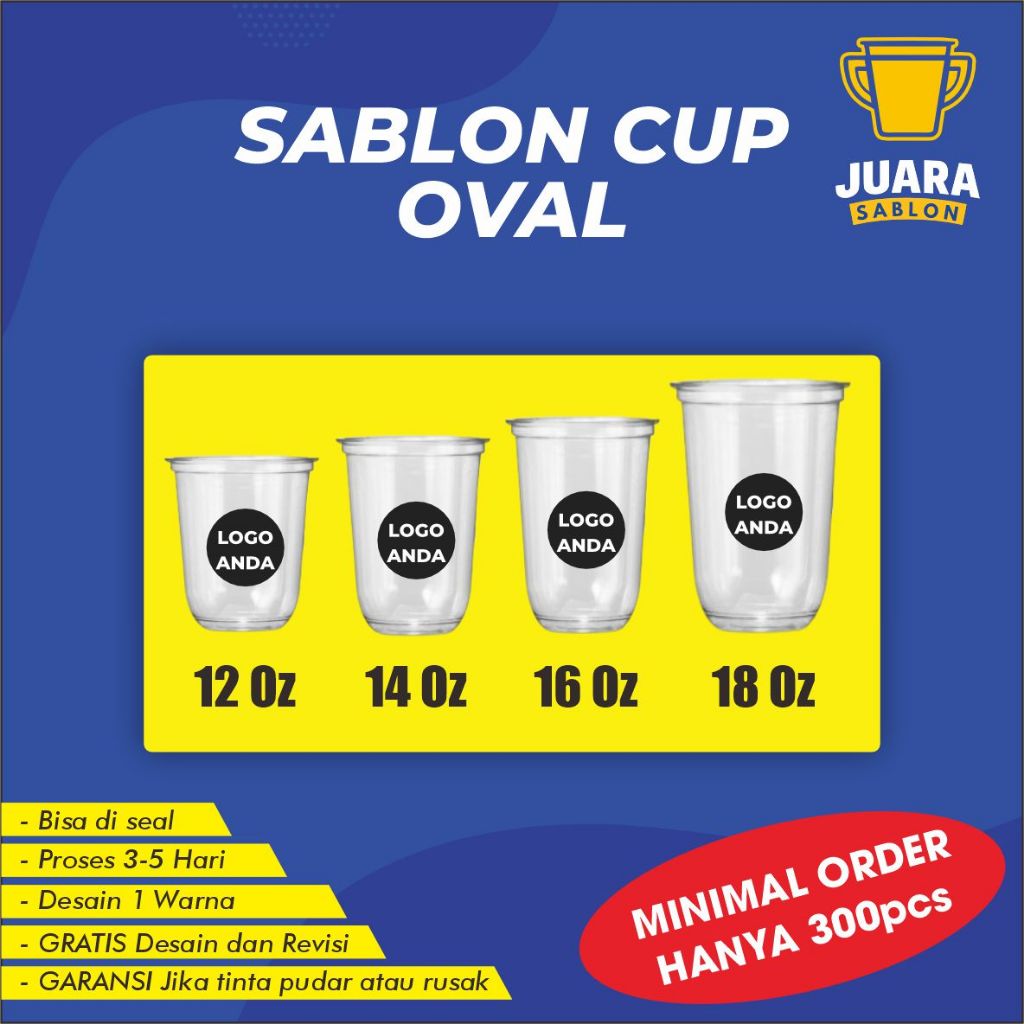 Sablon Cup Oval Gelas Packaging Plastik PP Custom 12 Oz, 14 Oz, 16 Oz, 18 Oz Tebal 7-9 Gram