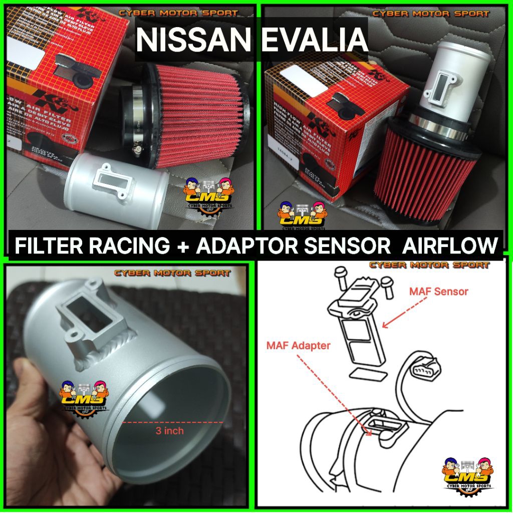 paket Open filter Racing plus Adaptor air flow maf sensor mobil NISSAN Evalia .Open Filter udara knn