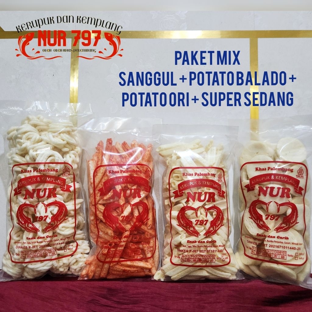 

PAKET MIX 1000 gram SANGGUL POTATO BALADO POTATO ORI SUPER BESAR ikan tenggiri kerupuk dan kemplang NUR 797 khas palembang asli
