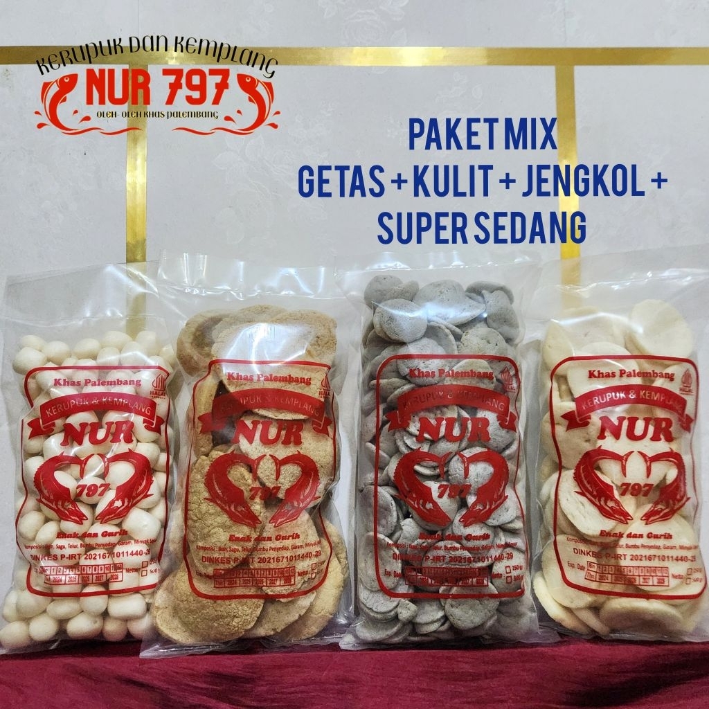 

PAKET MIX 1000 gram GETAS KULIT JENGKOL SUPER SEDANG ikan tenggiri kerupuk dan kemplang NUR 797 khas palembang asli