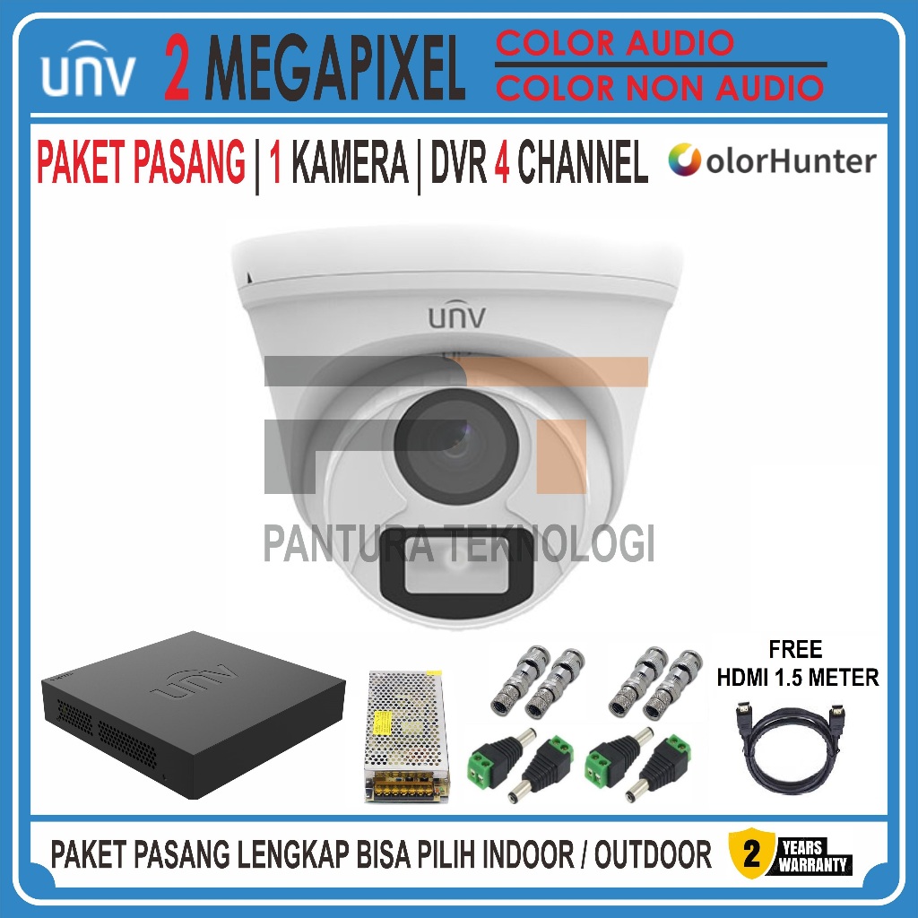PAKET 1 KAMERA CCTV UNV 2MP COLOR WARNA 24 JAM NON AUDIO/AUDIO DVR/XVR 4 CHANNEL LENGKAP PROMO MURAH