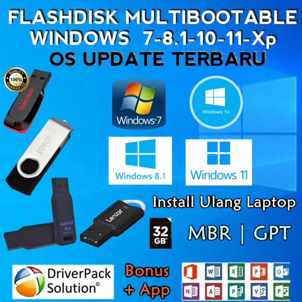 Flashdisk Bootable Multibootable Windows XP/7/8.1/10/11 Original Plus Driverpack