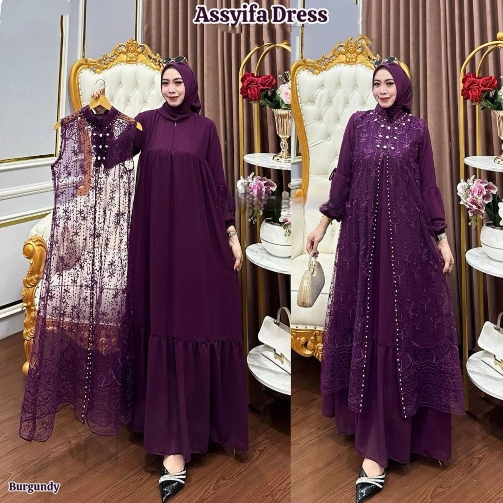 Gamis Brokat Terbaru 2025 Mewah Kekinian Assyifa Dress Bahan Ceruty Babydoll Full Furing Mix Tile Pr