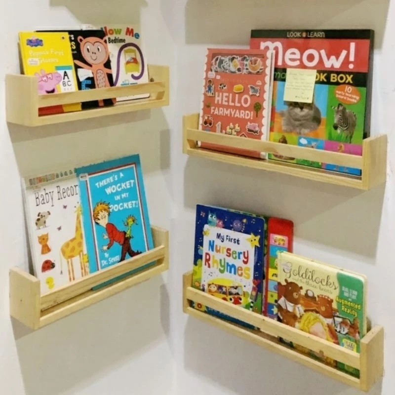 Promo 4 Pcs rak buku kayu tempel dinding / Rak buku kayu jati belanda / Rak buku serbaguna