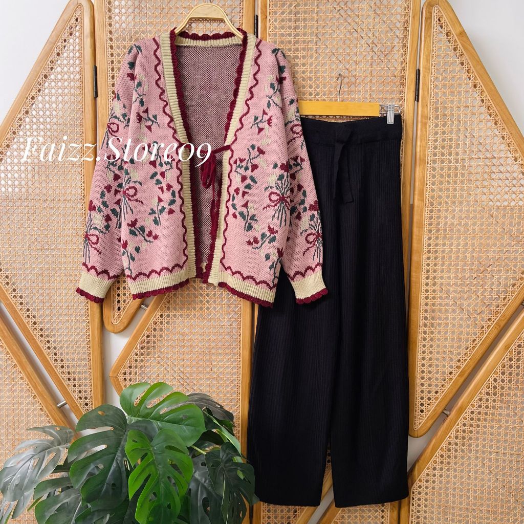 Oneset Eelweis Cardigan Rajut Motif Tali Pita Bunga Setelan Celana Kulot Premium Wanita Lengan Panja