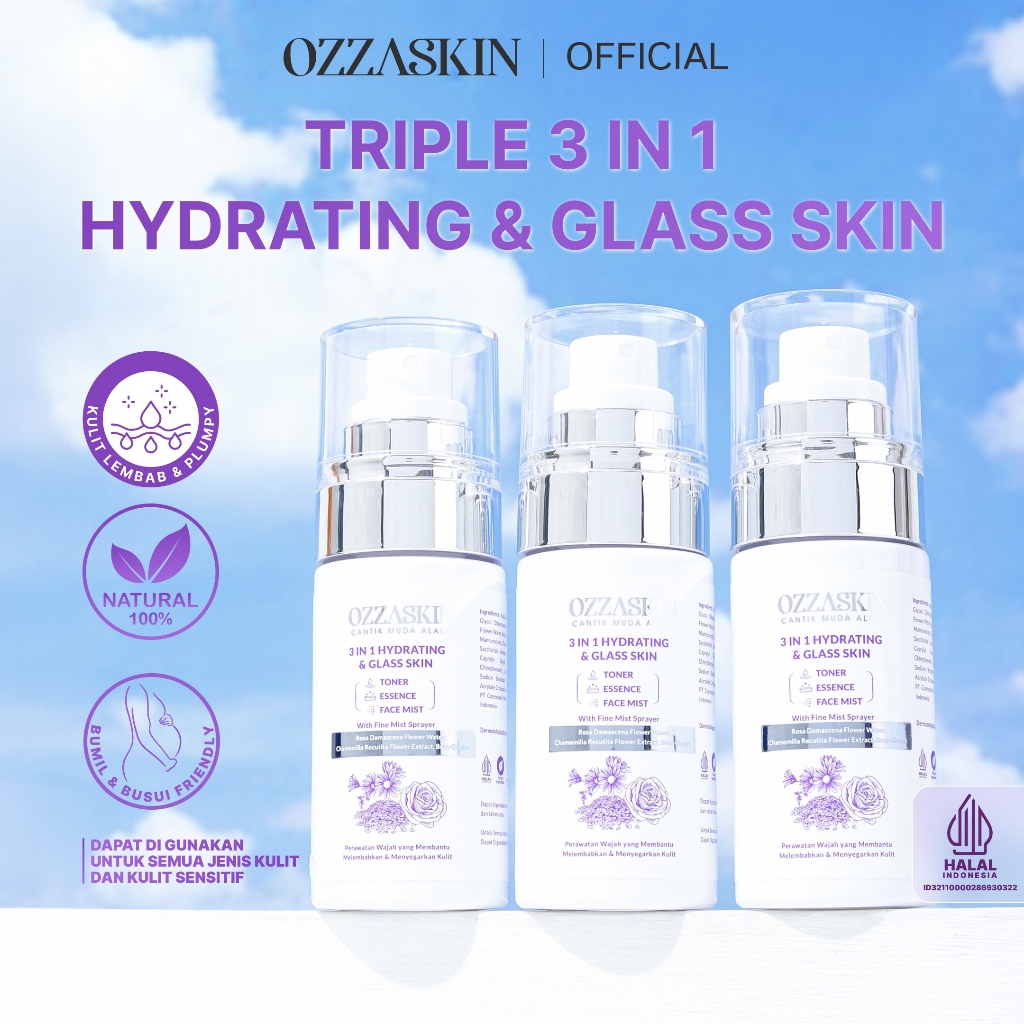 Ozzaskin 3in1 Facial Toner Essence & Facemist Hydrating Glasskin, Mencerahkan Wajah, Melembapkan & M