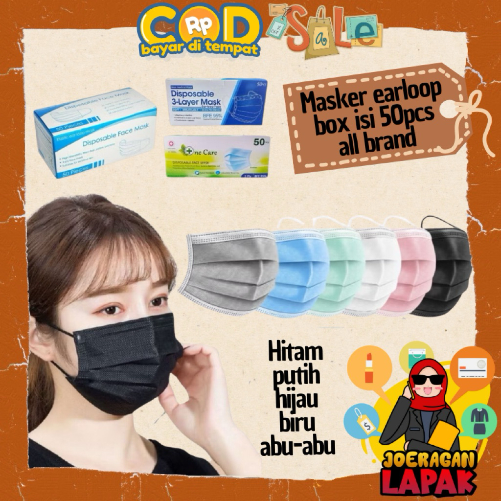 [JOERAGAN LAPAK] MASKER EARLOOP ISI 50PCS ONECARE FACEMASK LARIS 3 PLY HITAM BIRU HIJAU ABU PUTIH WA