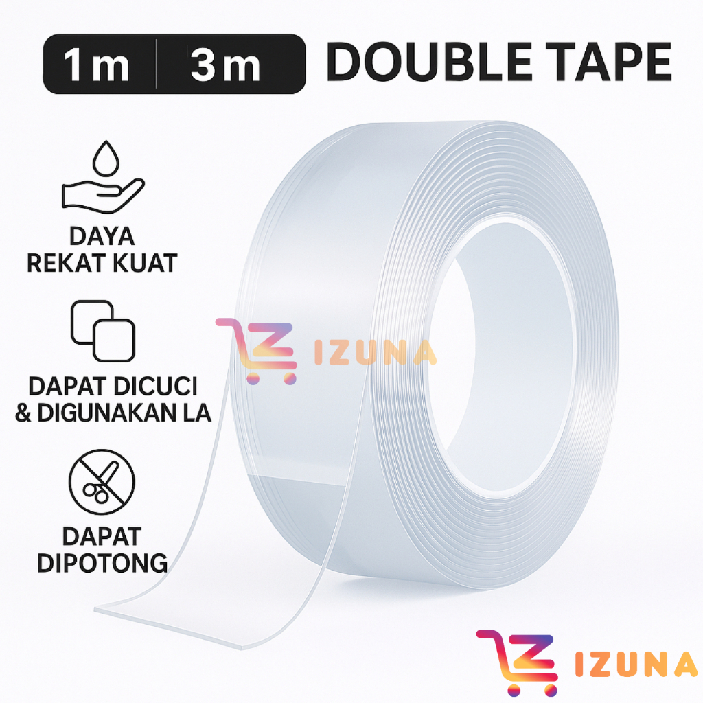 IZ - Double Tape Nano Transparan Kuat | Lem Perekat Serbaguna Tanpa Bekas 1M/3M/5M | Nano Magic Tape